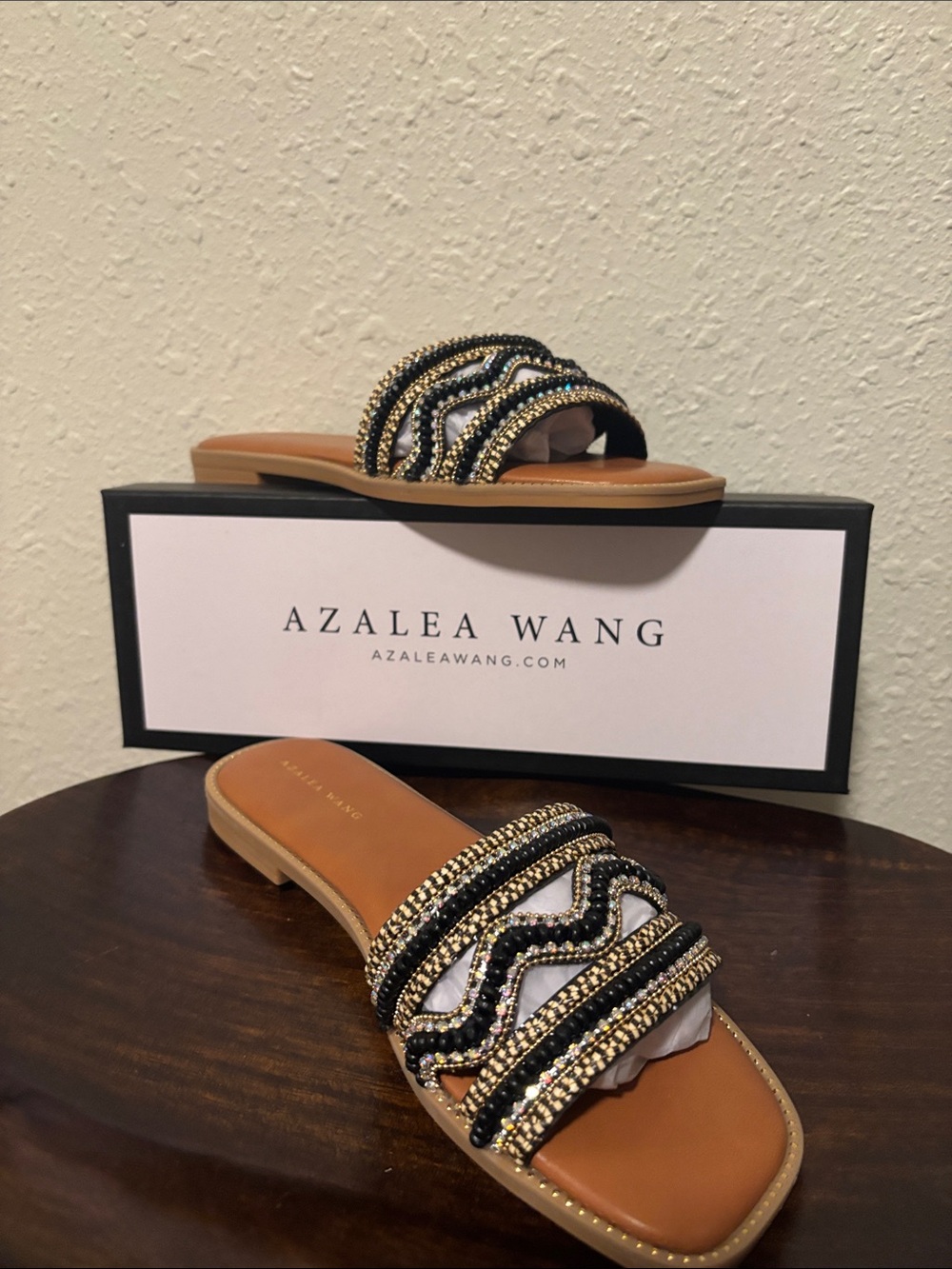 Black & Gold Beaded Slide Sandals Azalea